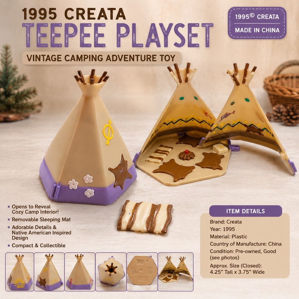 VTG 1995 Creata Teepee Playset Mini Fold-Open Toy Tan Purple with‎ Accessories